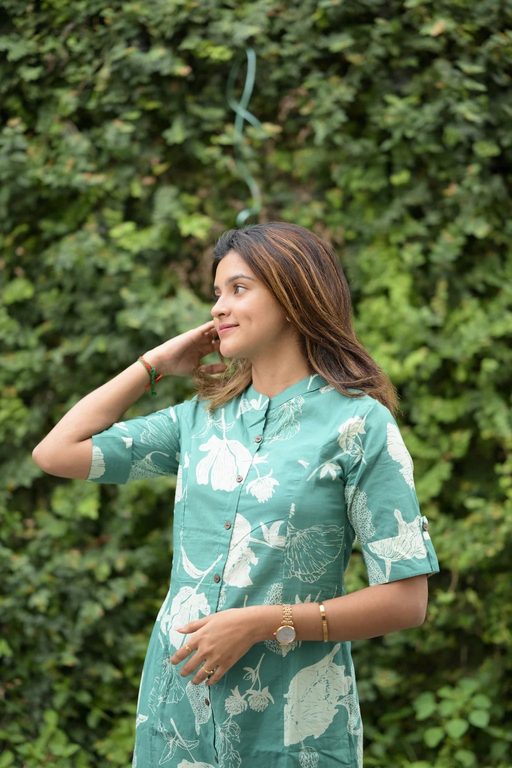 Green Floral Printed Magic Cotton Kurti Pant Set For Women