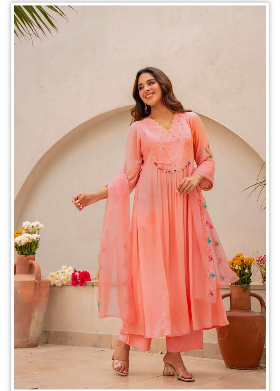 Peach Embroidered Flared Kurta Set with Dupatta for Women