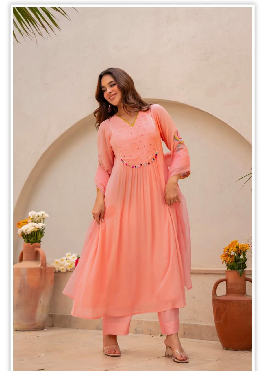 Peach Embroidered Flared Kurta Set with Dupatta for Women