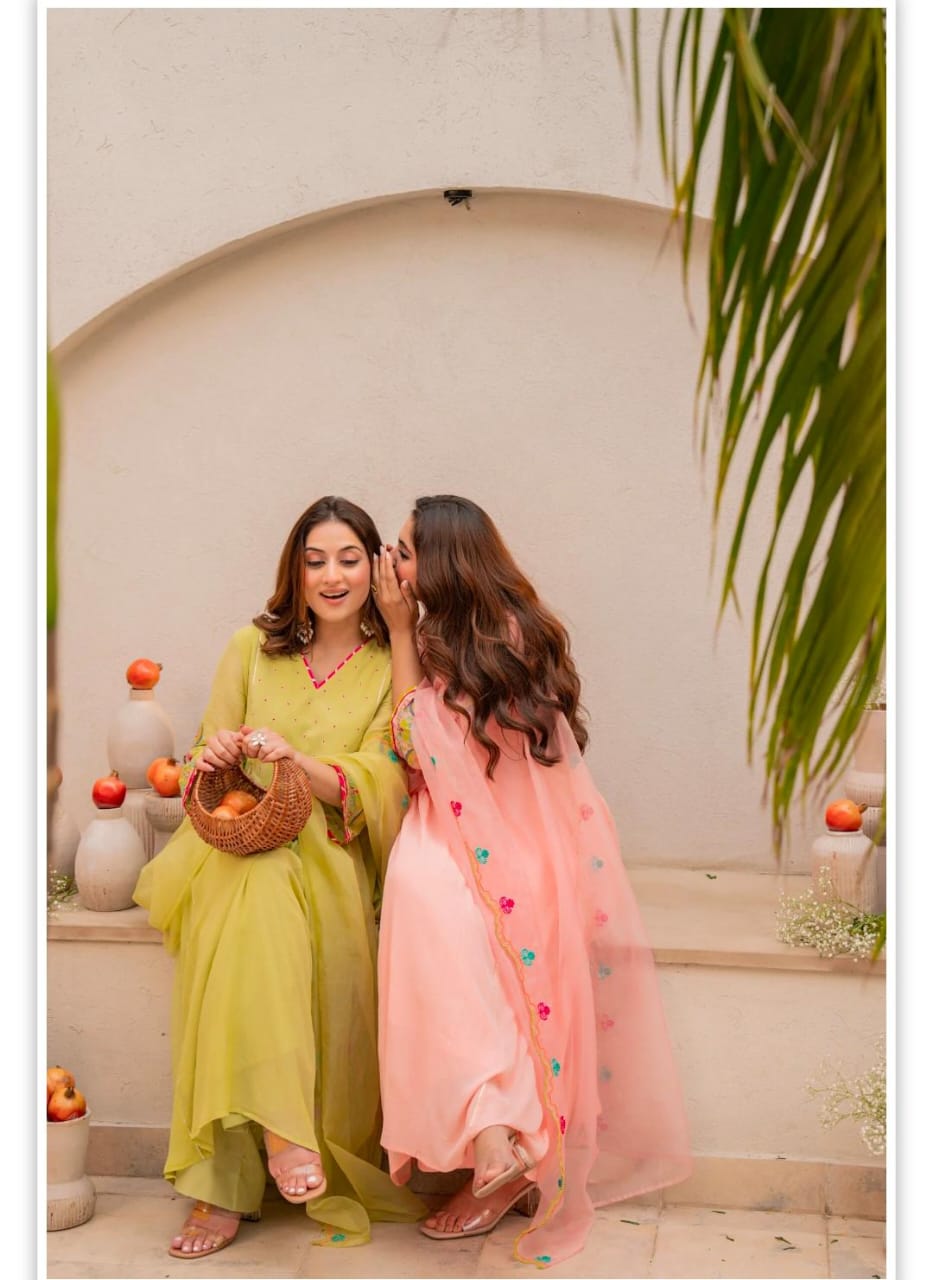 Peach Embroidered Flared Kurta Set with Dupatta for Women