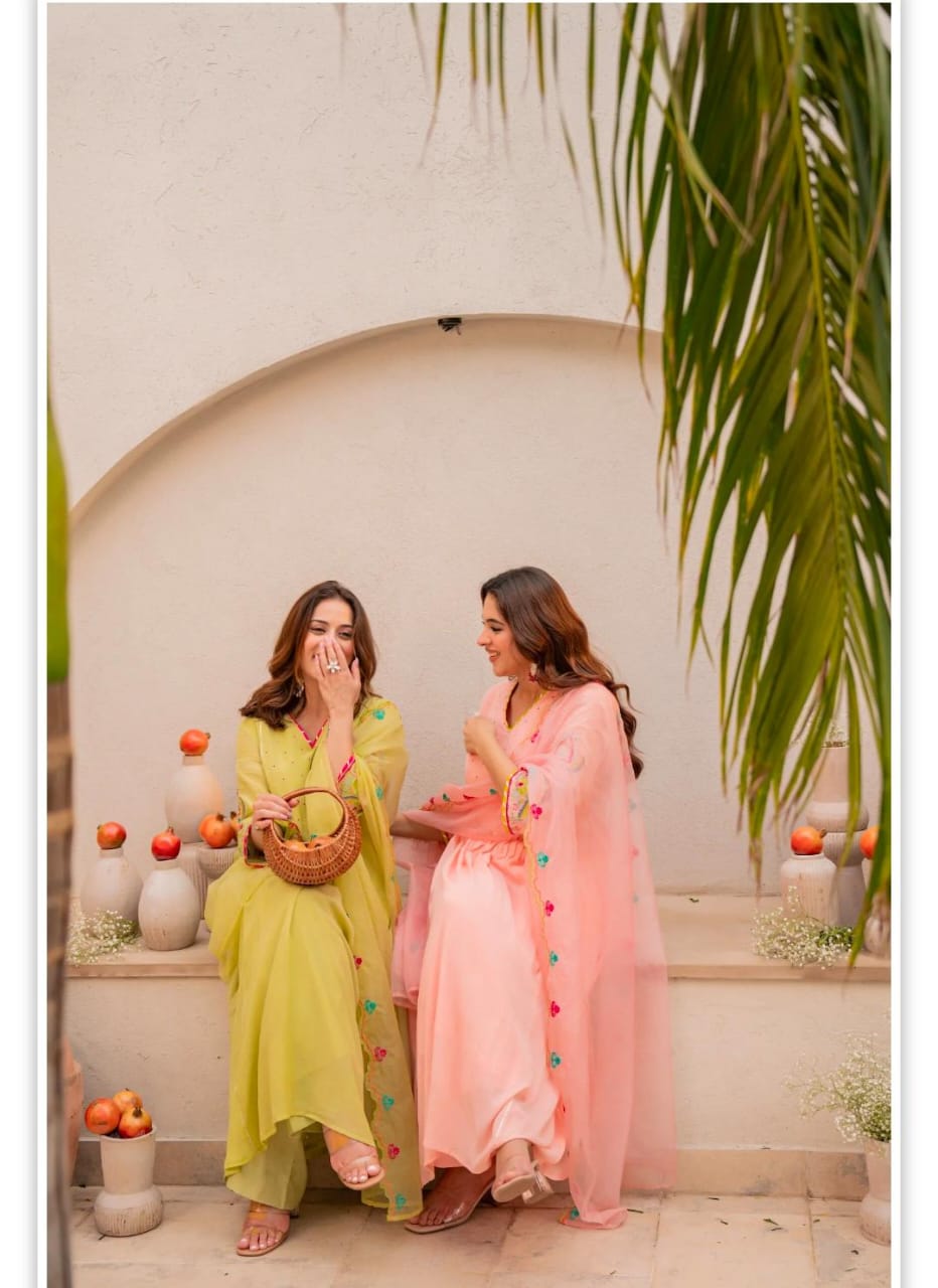 Peach Embroidered Flared Kurta Set with Dupatta for Women