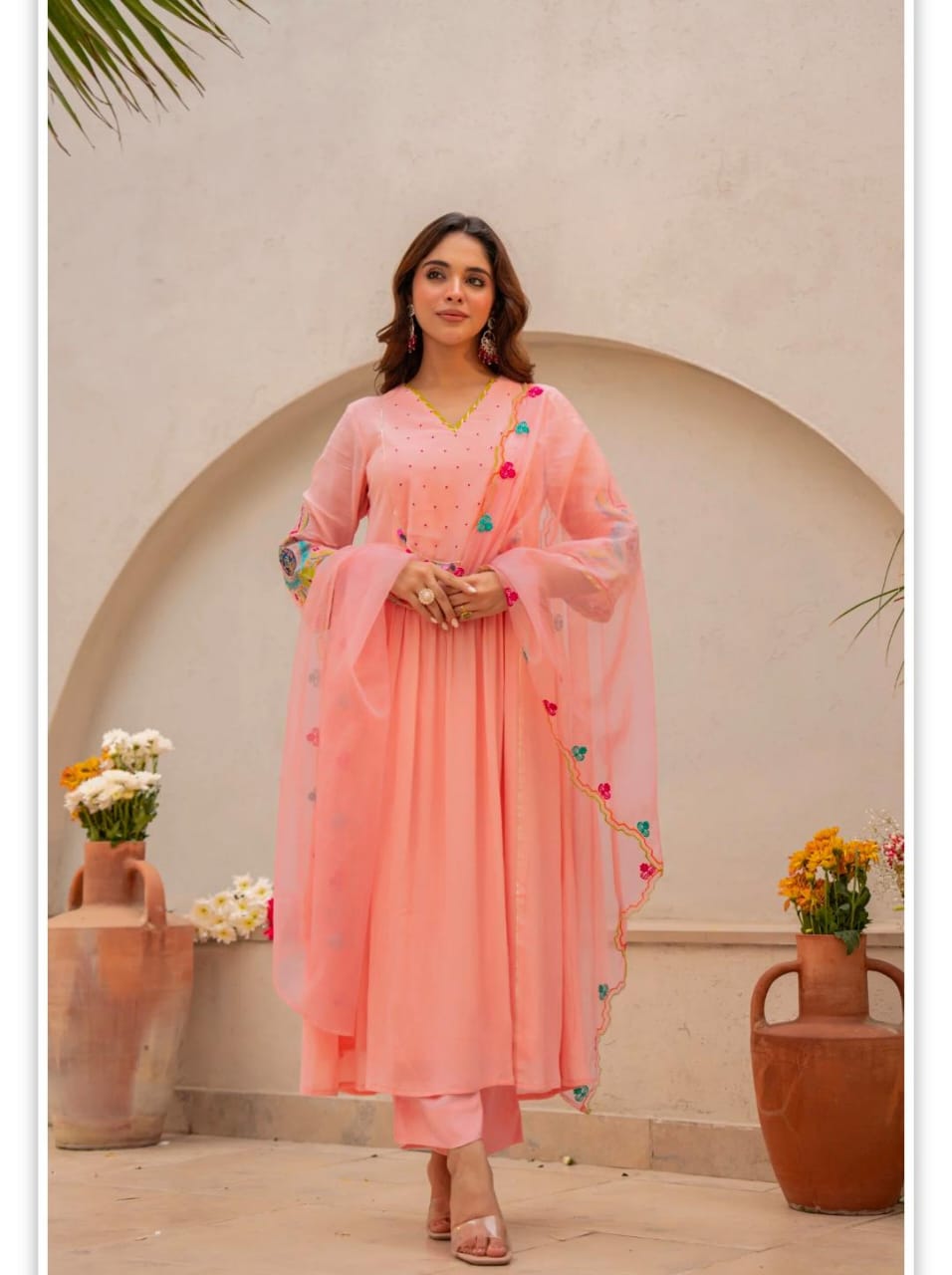 Peach Embroidered Flared Kurta Set with Dupatta for Women