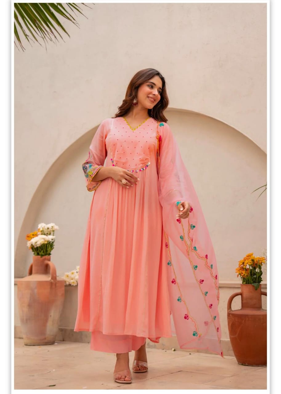 Peach Embroidered Flared Kurta Set with Dupatta for Women