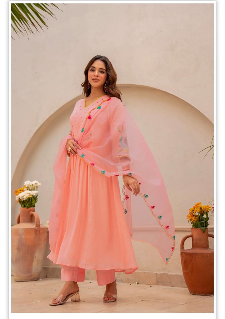 Peach Embroidered Flared Kurta Set with Dupatta for Women