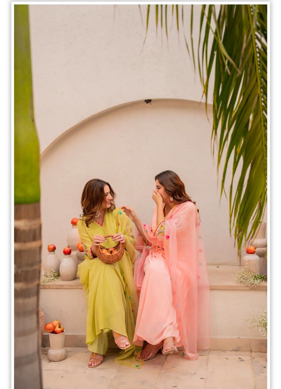 Peach Embroidered Flared Kurta Set with Dupatta for Women