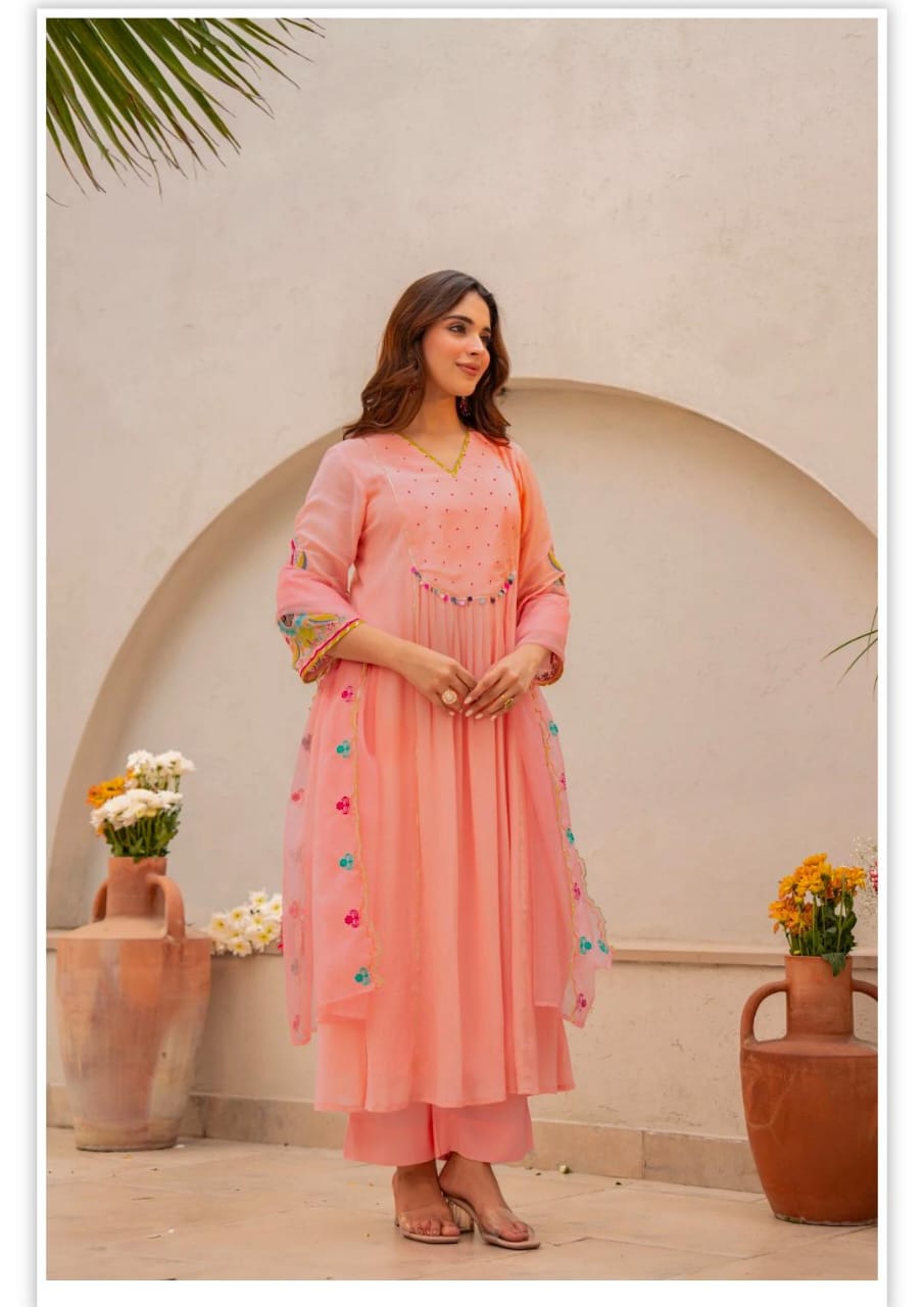 Peach Embroidered Flared Kurta Set with Dupatta for Women