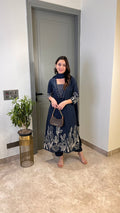 Blue Pure Cotton Heavy Threadwork Embroidered Kurti Set for Womens