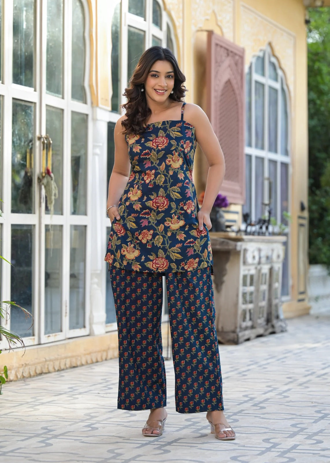 Navy Blue Floral Print Cotton Co-Ord Set for Women