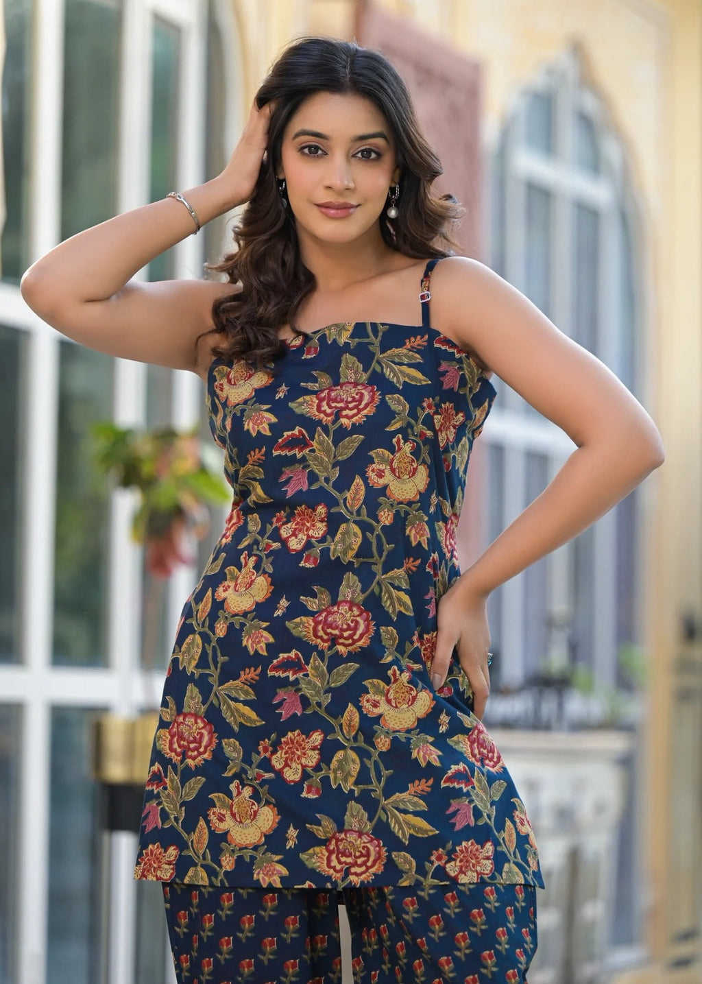 Navy Blue Floral Print Cotton Co-Ord Set for Women