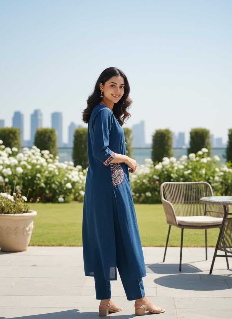 Indigo Blue Embroidered Cotton Kurta Set for Women