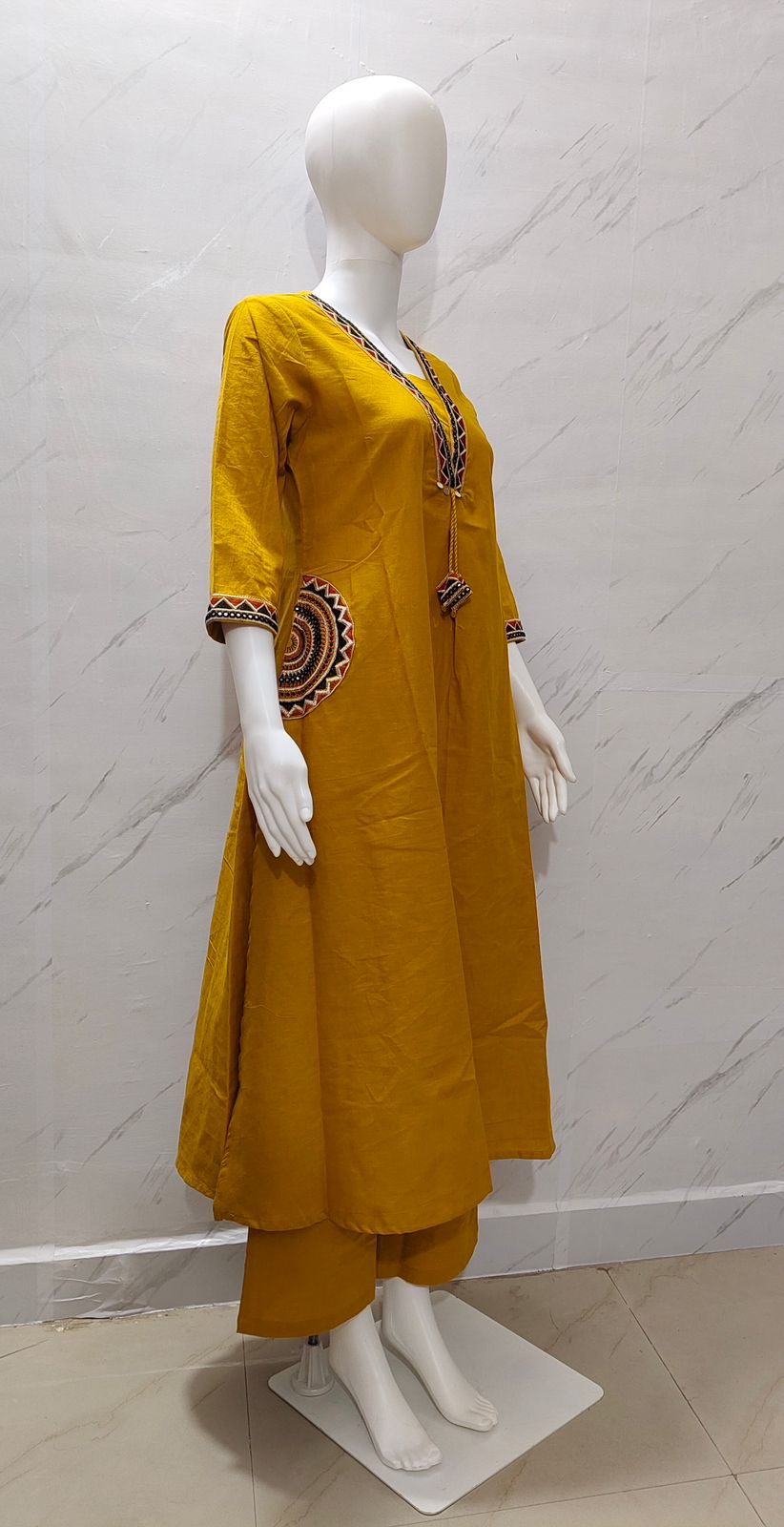 Mustard Yellow Embroidered Cotton Kurta Set for Women