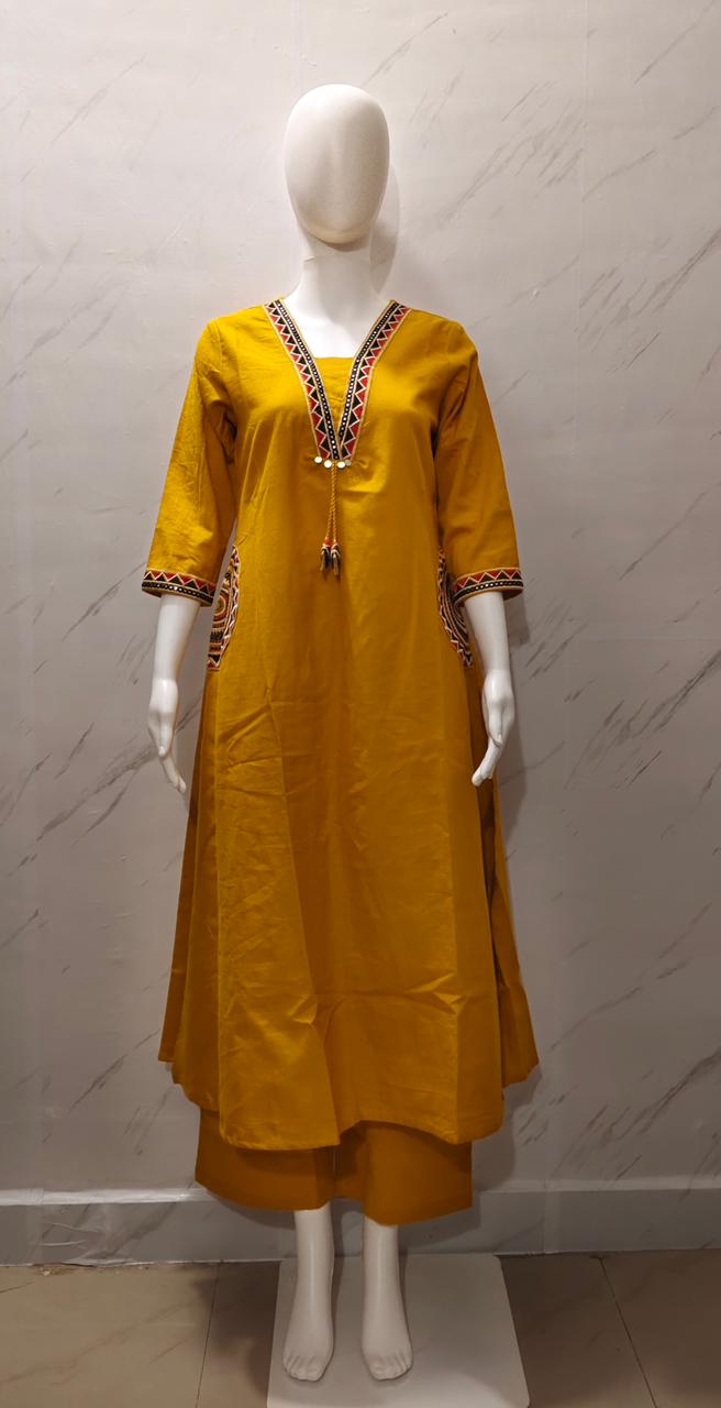 Mustard Yellow Embroidered Cotton Kurta Set for Women