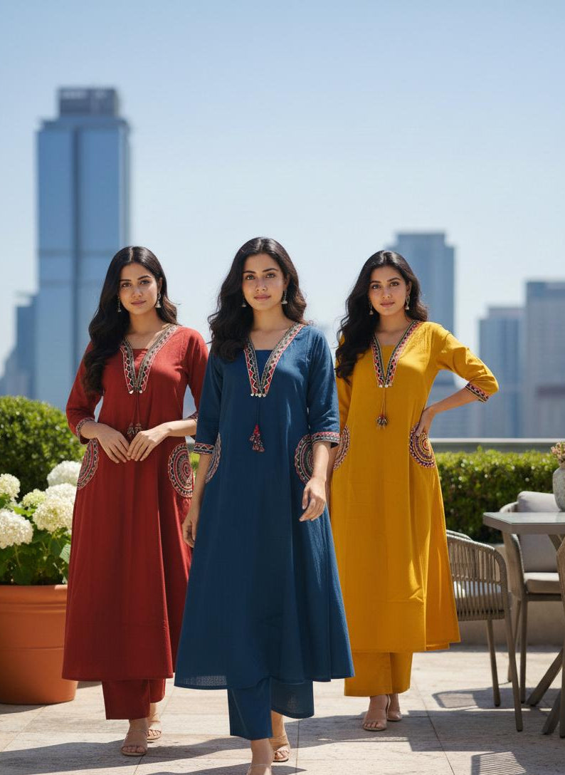 Mustard Yellow Embroidered Cotton Kurta Set for Women