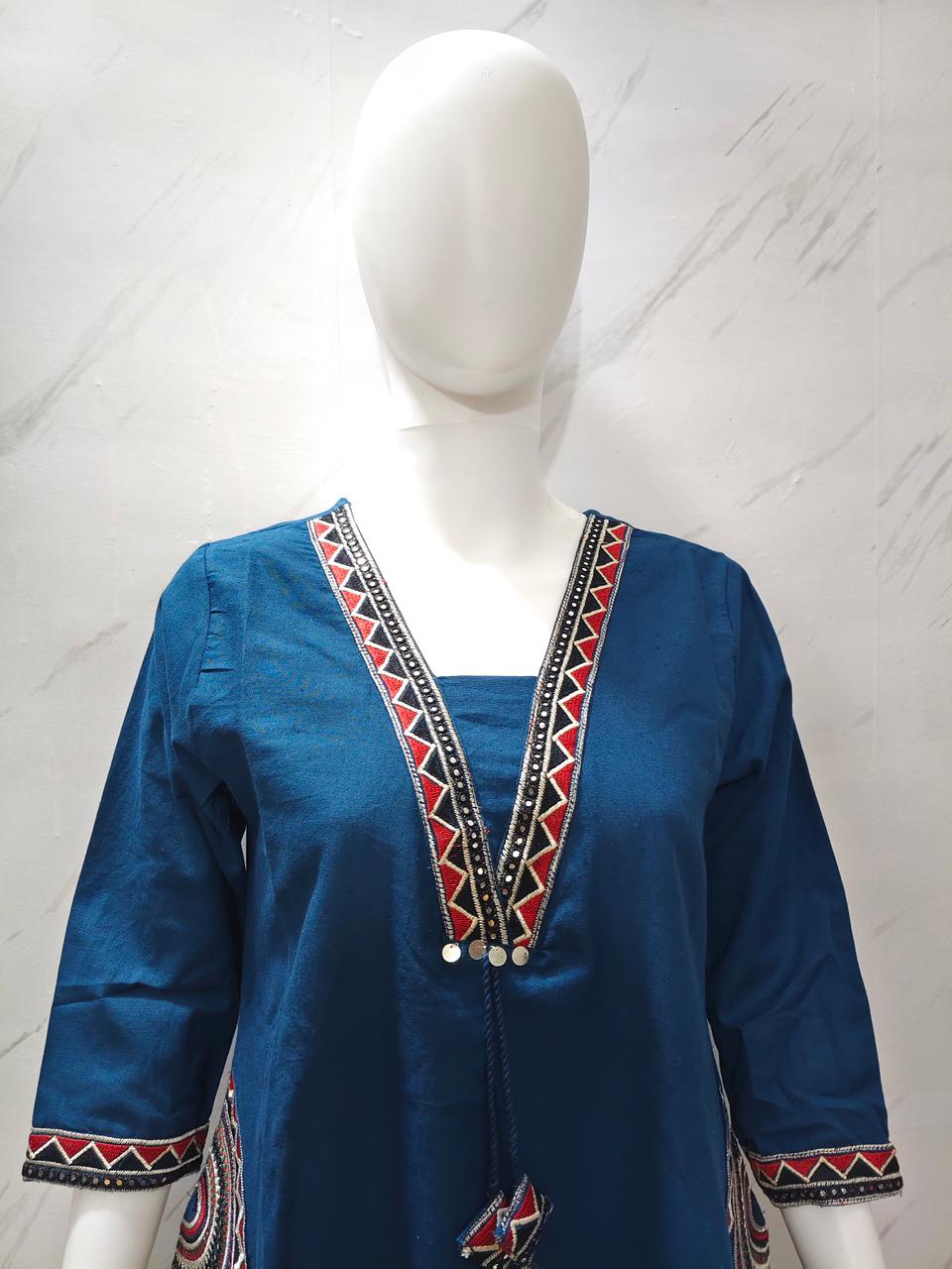 Indigo Blue Embroidered Cotton Kurta Set for Women