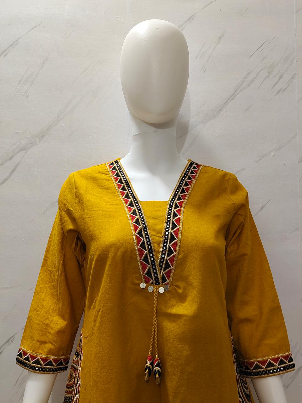 Mustard Yellow Embroidered Cotton Kurta Set for Women