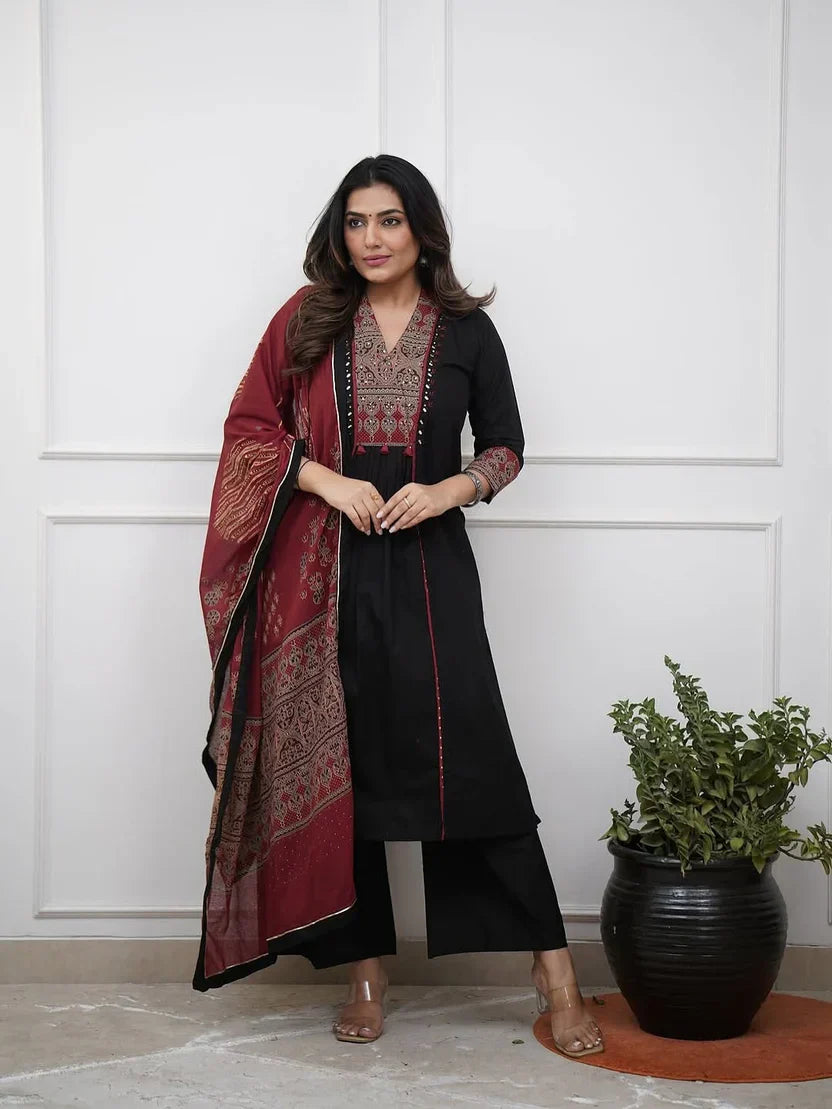 Women Cotton Anarkali Kurta Set with Mirror Work & Dupatta
