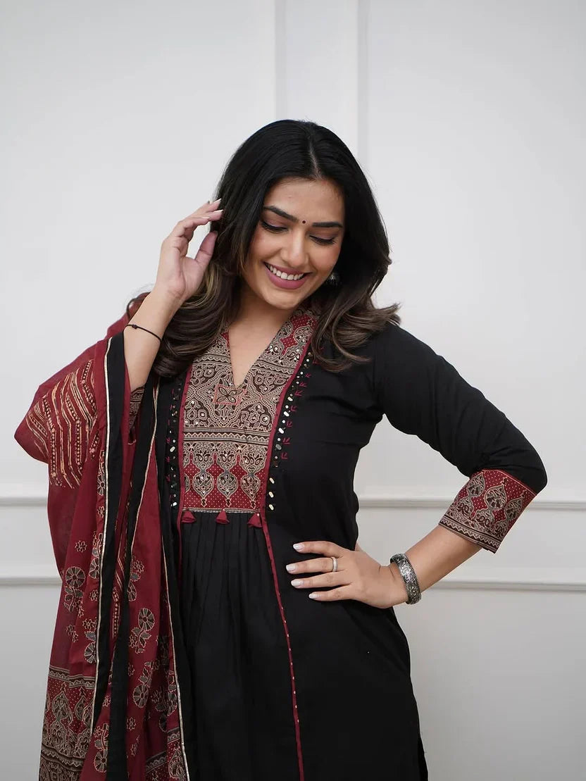 Women Cotton Anarkali Kurta Set with Mirror Work & Dupatta