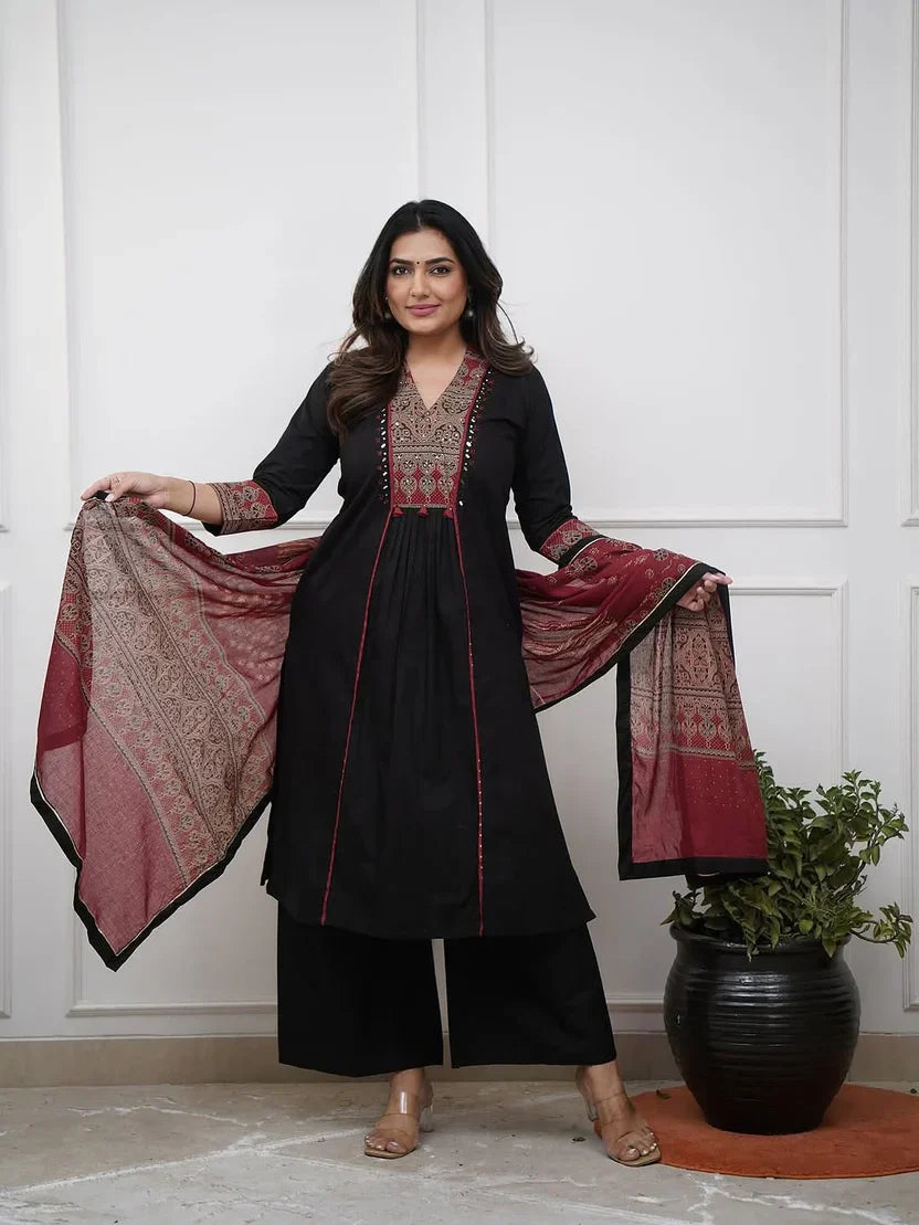 Women Cotton Anarkali Kurta Set with Mirror Work & Dupatta