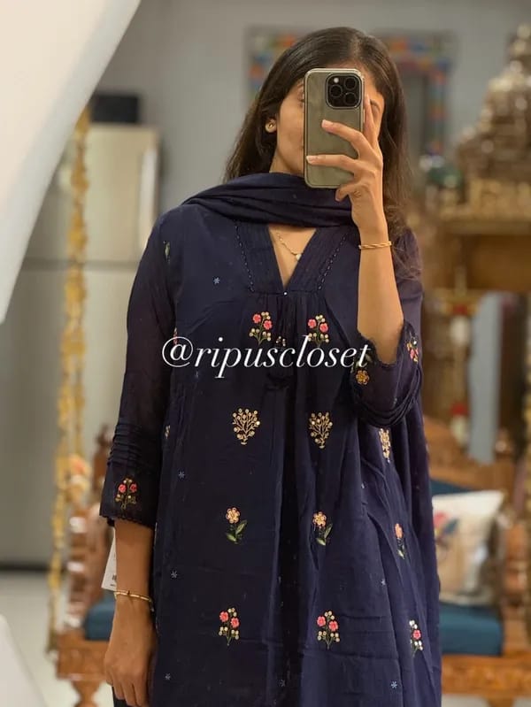 Navy Blue Embroidered Cotton Anarkali Kurta Set for Women