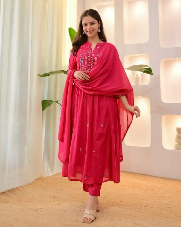Rani Pink Embroidered Flared Kurta Set with Dupatta for Women