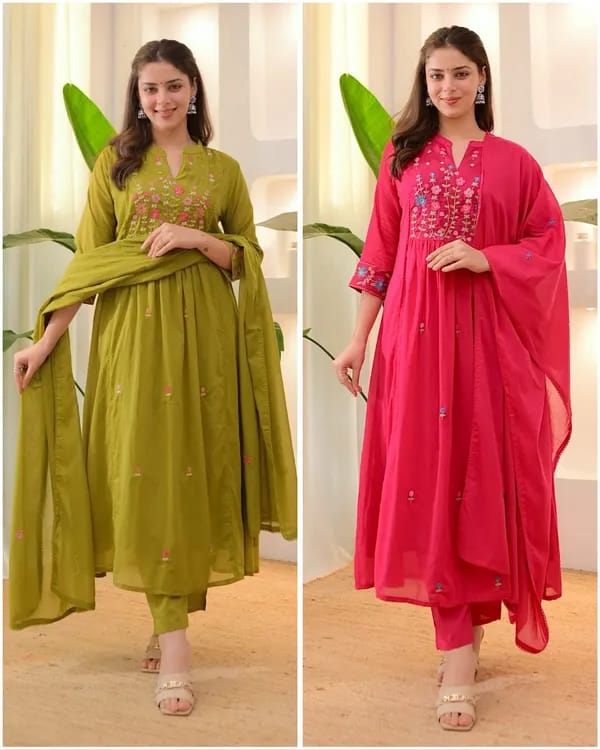 Rani Pink Embroidered Flared Kurta Set with Dupatta for Women