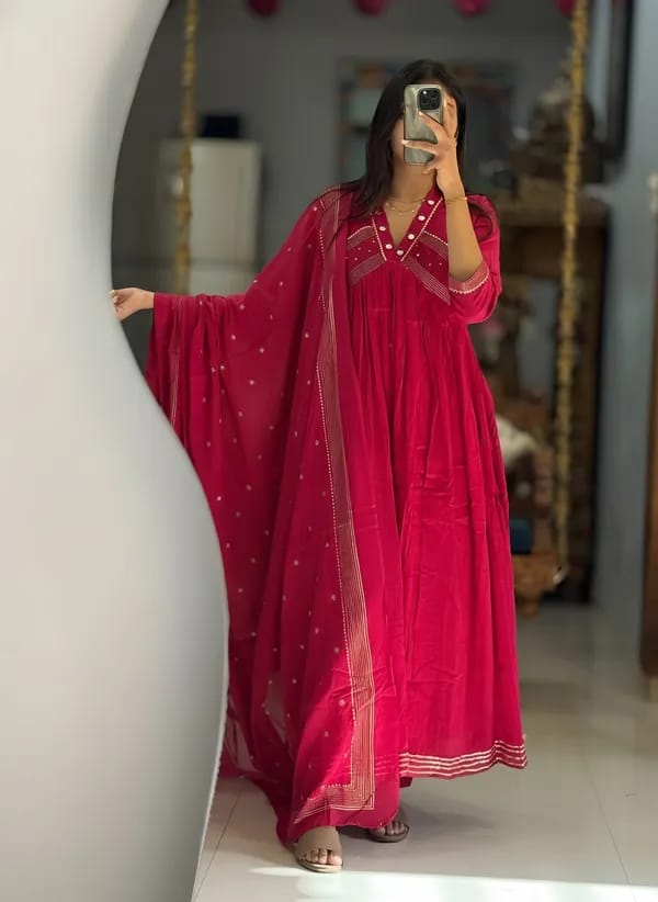 Rani Red Embroidered Flared Kurta Set with Dupatta for Women