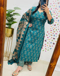 Teal Handblock Print Cotton Kurta Set with Dupatta for Women