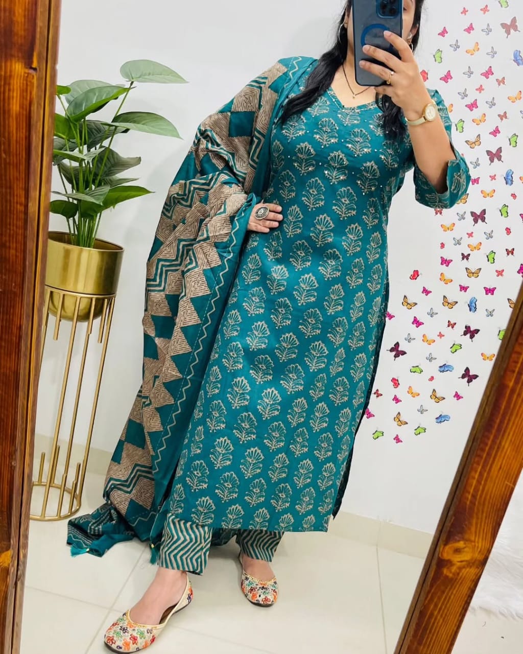 Teal Handblock Print Cotton Kurta Set with Dupatta for Women