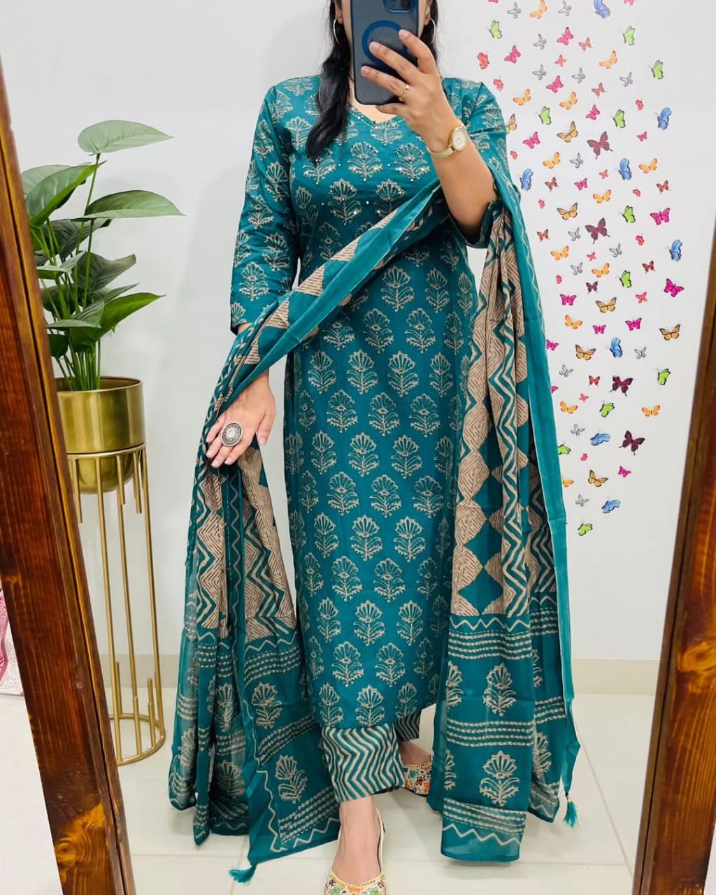 Teal Handblock Print Cotton Kurta Set with Dupatta for Women