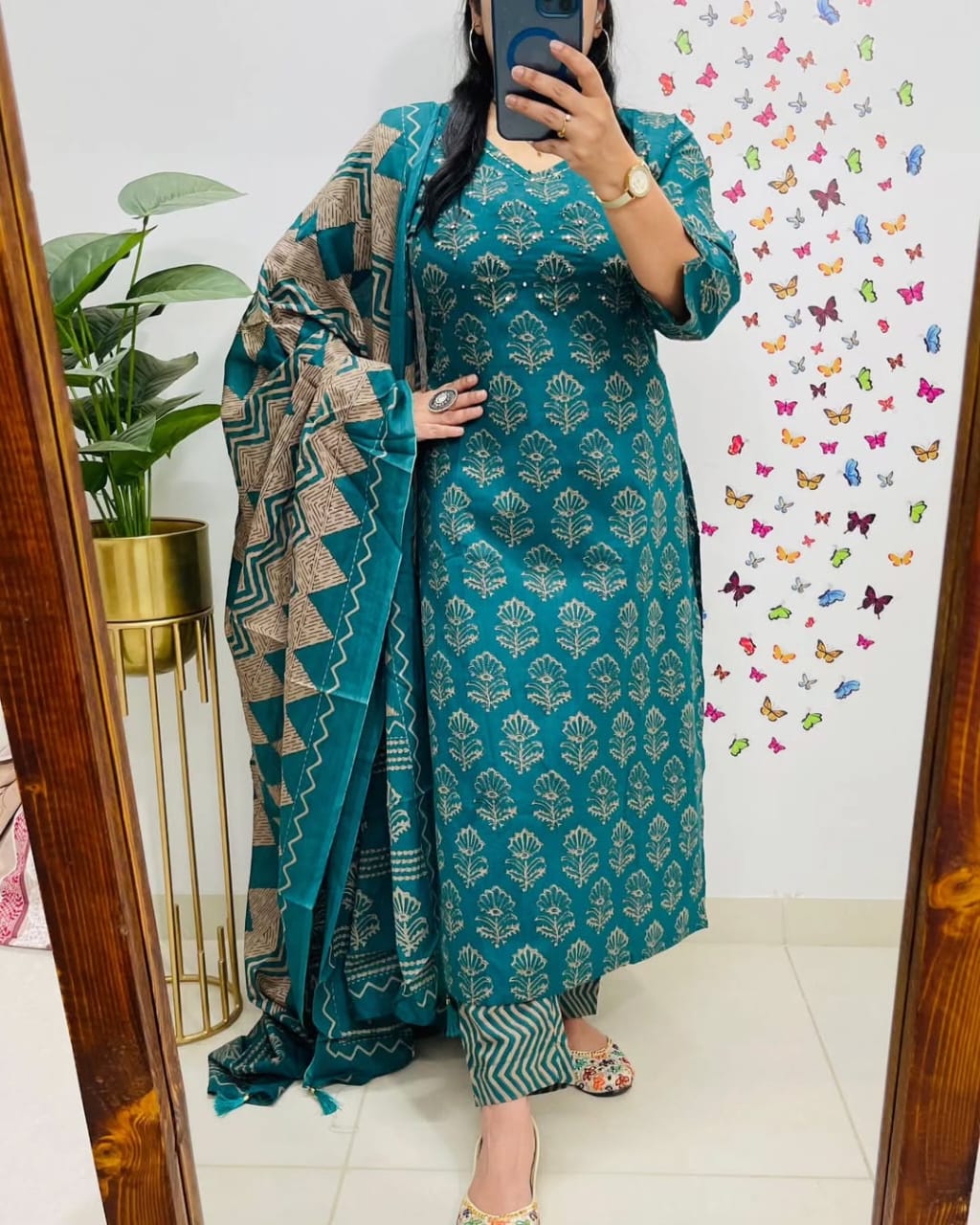 Teal Handblock Print Cotton Kurta Set with Dupatta for Women
