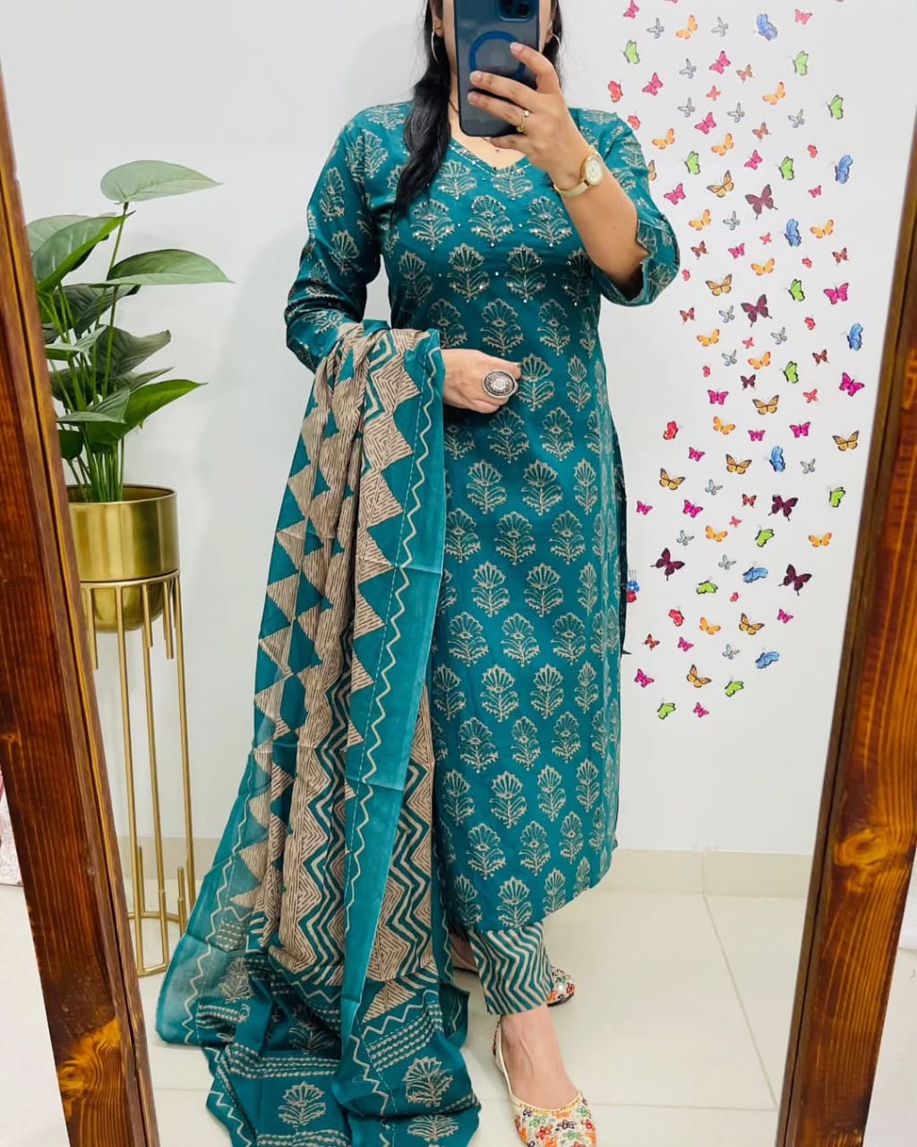 Teal Handblock Print Cotton Kurta Set with Dupatta for Women