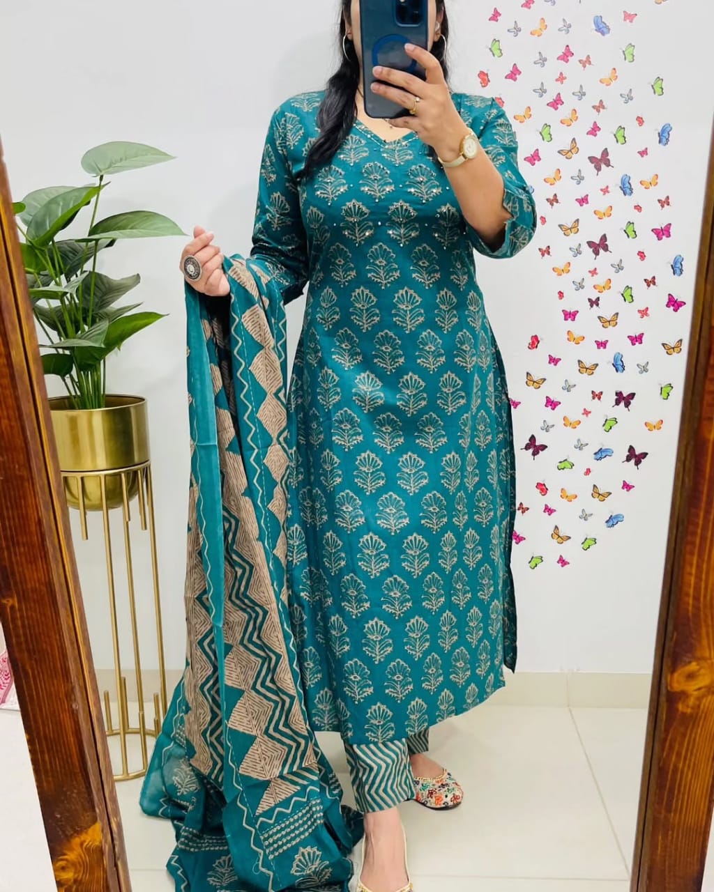 Teal Handblock Print Cotton Kurta Set with Dupatta for Women
