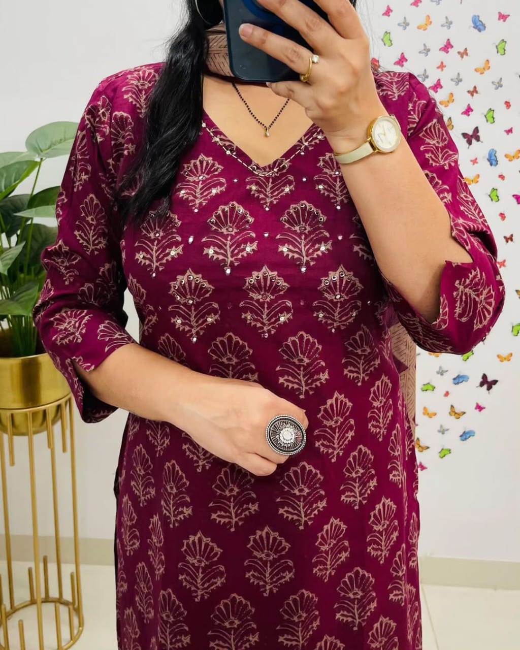 Maroon Handblock Print Kurta Set with Dupatta for Women