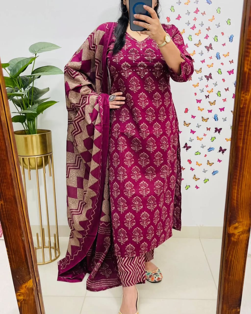 Maroon Handblock Print Kurta Set with Dupatta for Women
