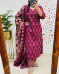Maroon Handblock Print Kurta Set with Dupatta for Women