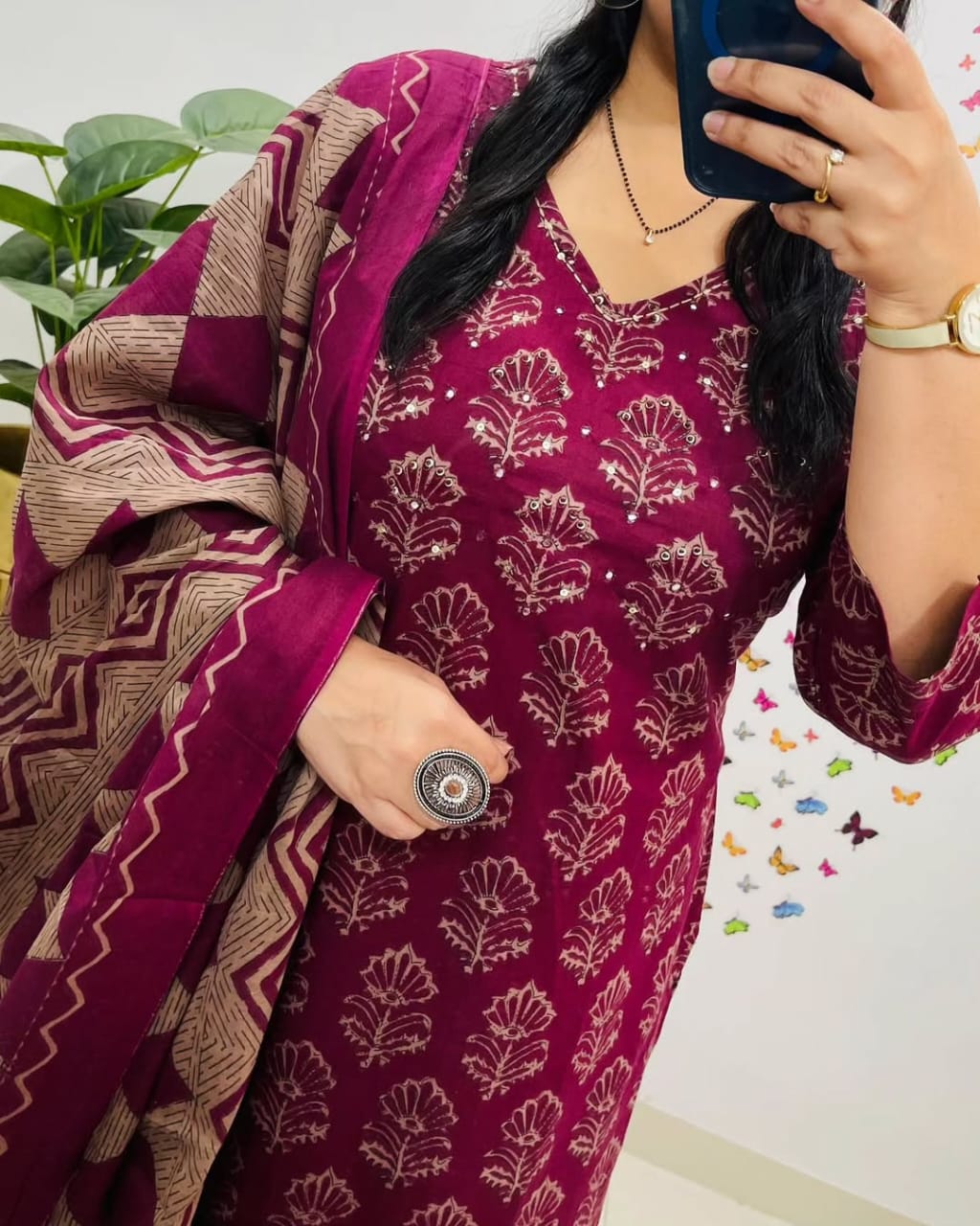 Maroon Handblock Print Kurta Set with Dupatta for Women