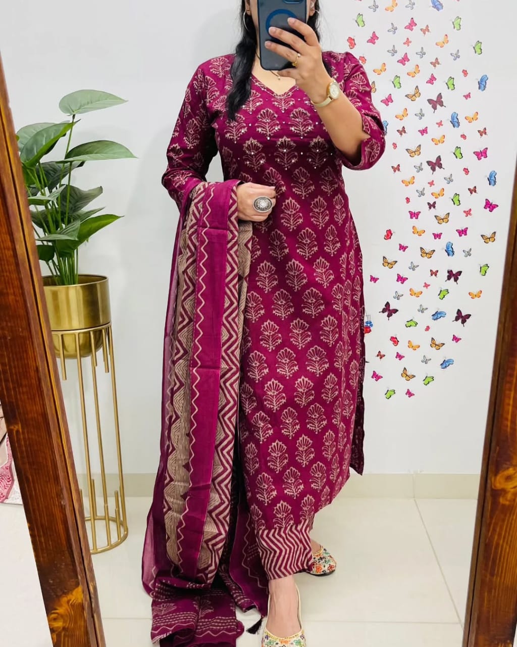Maroon Handblock Print Kurta Set with Dupatta for Women