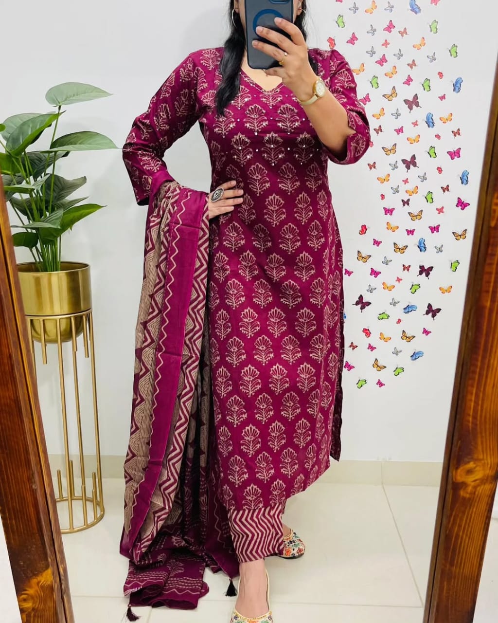 Maroon Handblock Print Kurta Set with Dupatta for Women