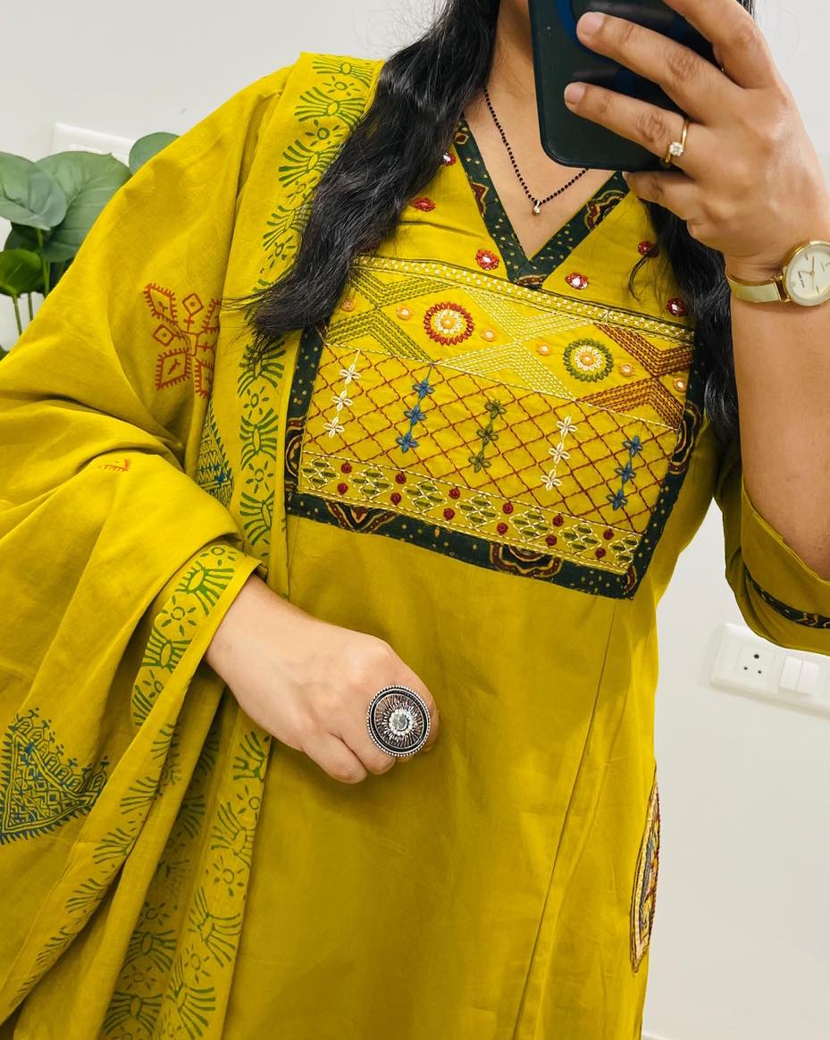Mustard Embroidered Cotton Kurti Pant with Dupatta Suit Set Princess Cut