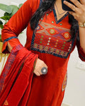 Orange Embroidered Cotton Kurti Pant with Dupatta Suit Set Princess Cut