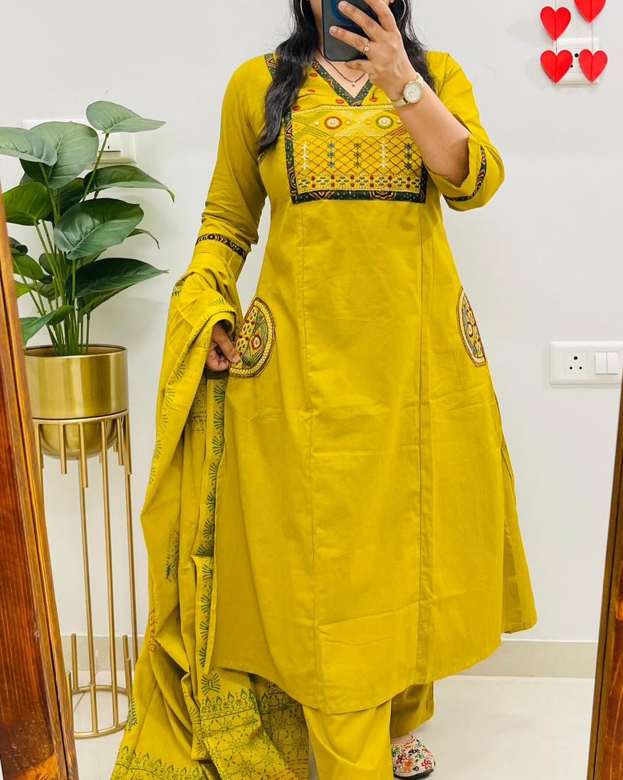 Mustard Embroidered Cotton Kurti Pant with Dupatta Suit Set Princess Cut