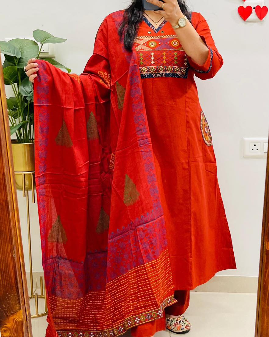 Orange Embroidered Cotton Kurti Pant with Dupatta Suit Set Princess Cut