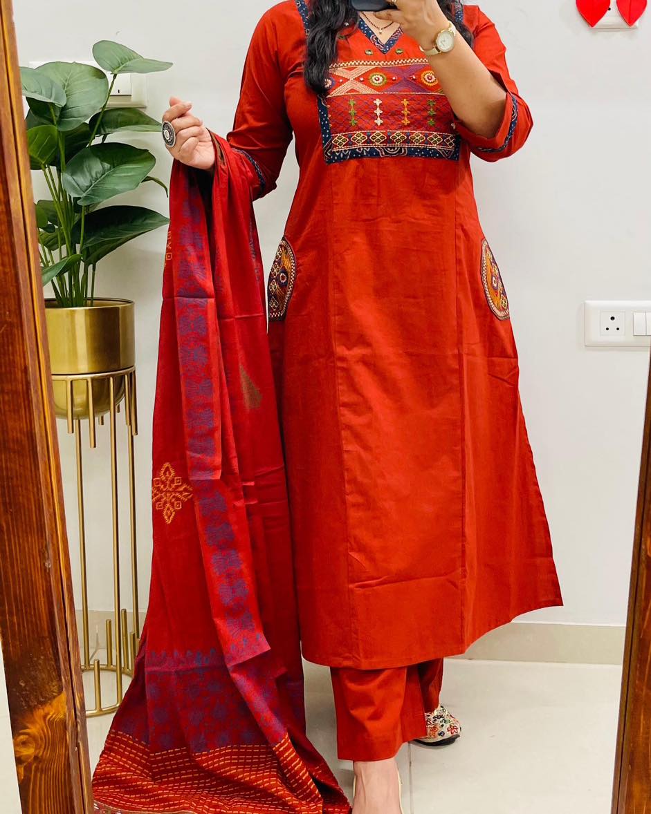 Orange Embroidered Cotton Kurti Pant with Dupatta Suit Set Princess Cut