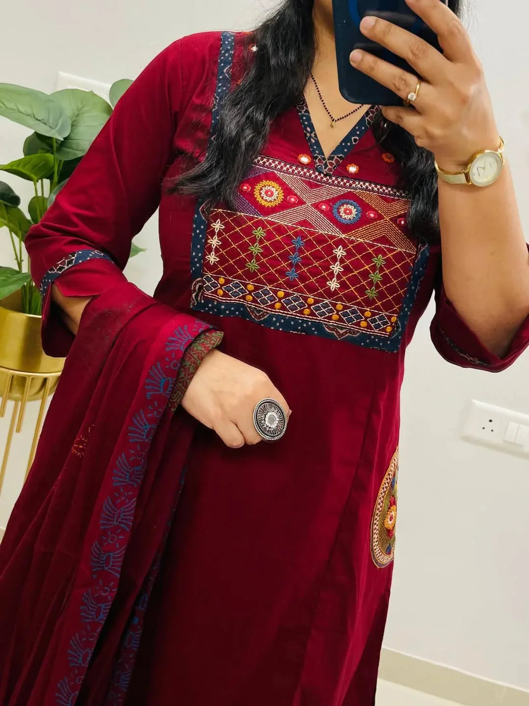 Red Embroidered Cotton Kurti Pant with Dupatta Suit Set Princess Cut