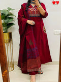 Red Embroidered Cotton Kurti Pant with Dupatta Suit Set Princess Cut