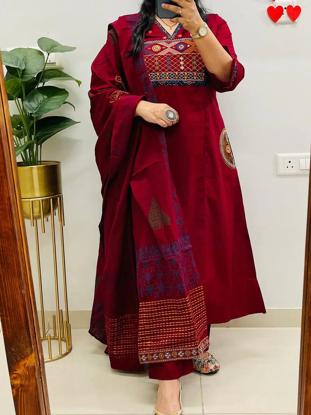 Red Embroidered Cotton Kurti Pant with Dupatta Suit Set Princess Cut