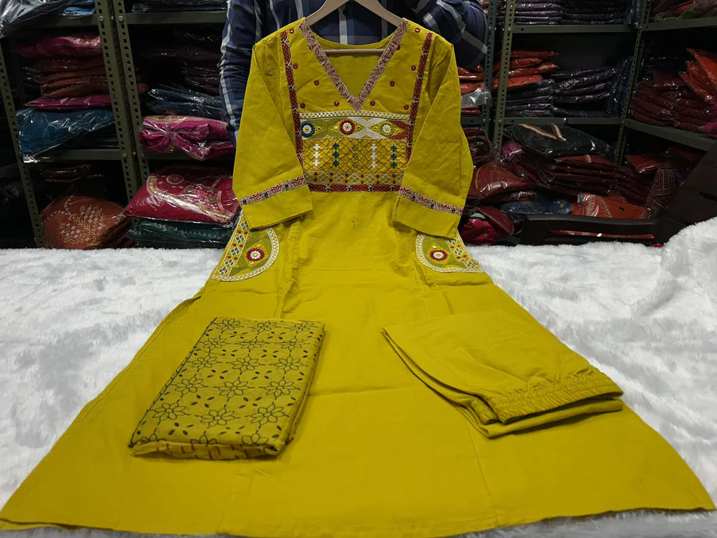 Mustard Embroidered Cotton Kurti Pant with Dupatta Suit Set Princess Cut