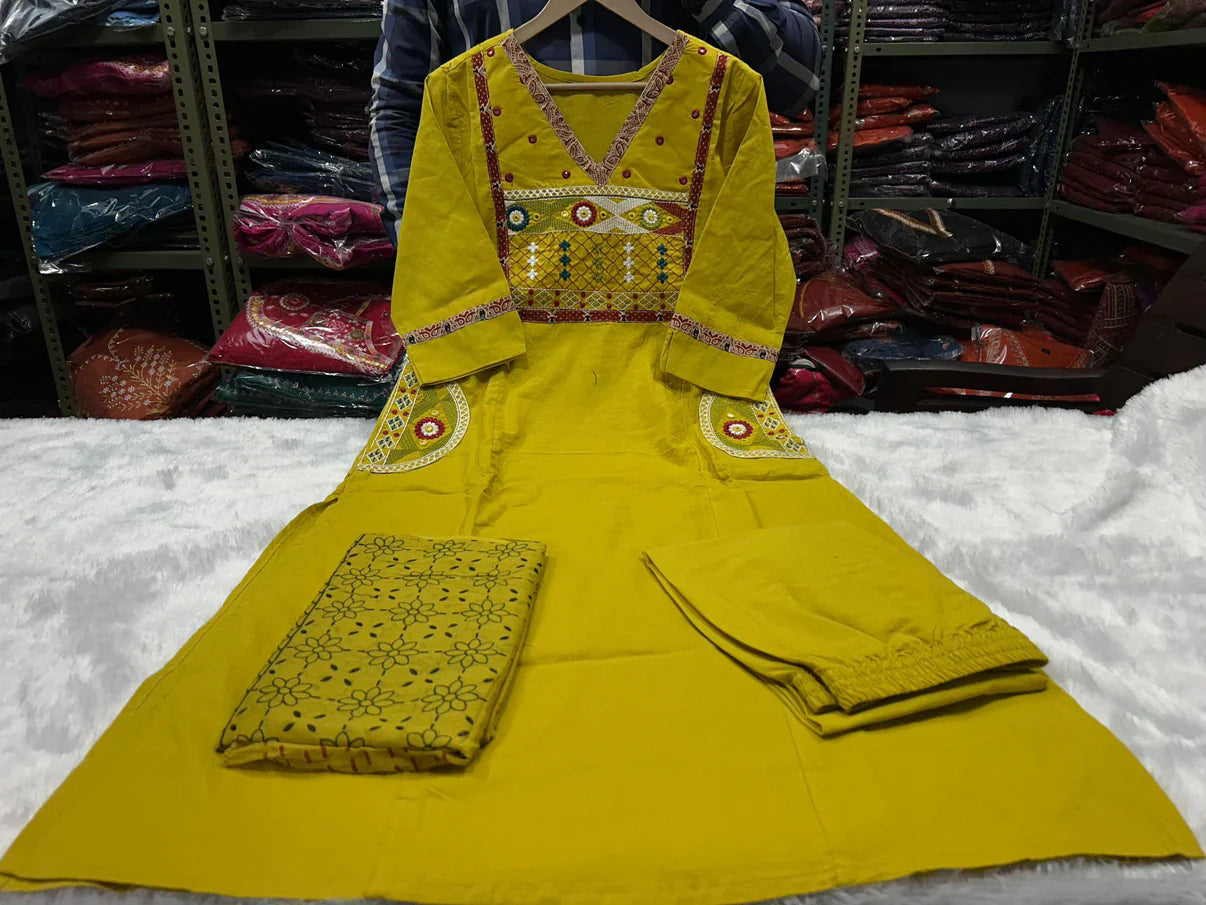 Mustard Embroidered Cotton Kurti Pant with Dupatta Suit Set Princess Cut