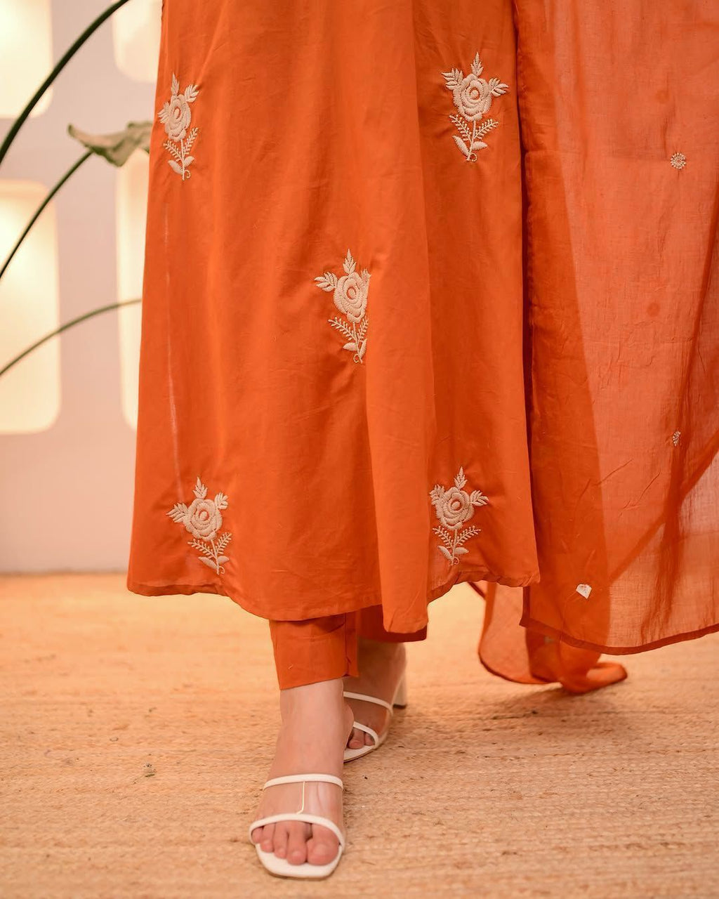Orange Embroidered Cotton Kurti Set with Dupatta