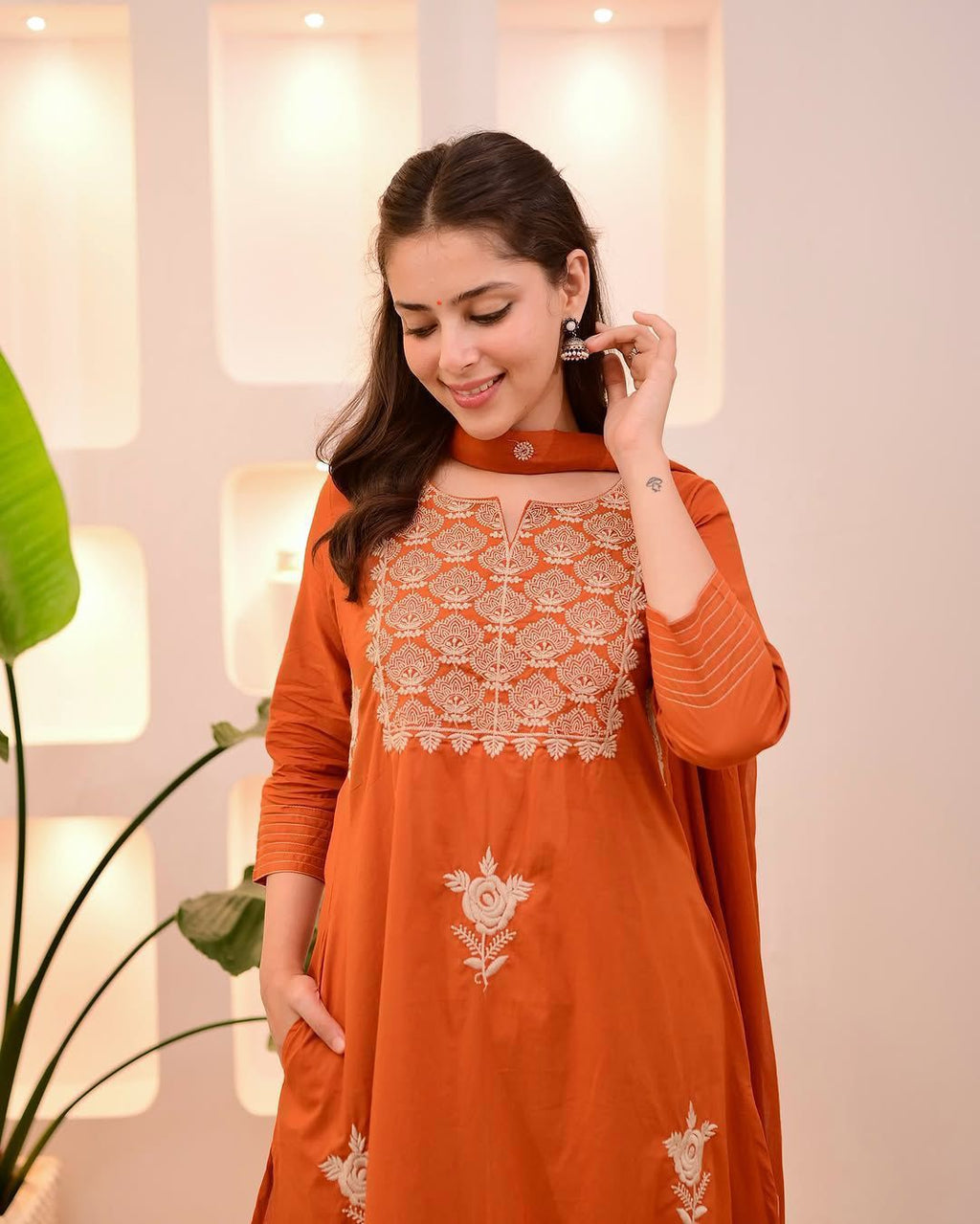 Orange Embroidered Cotton Kurti Set with Dupatta